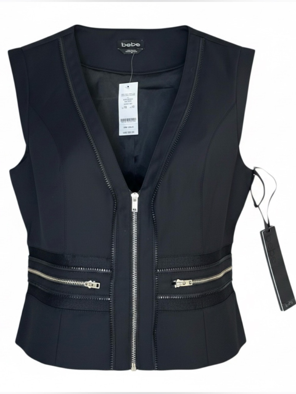 NWT bebe Black Embellished Zipper Vest Sleeveless Top. Size 10